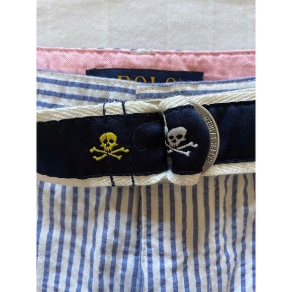 Polo Ralph Lauren Shorts Girls 14 Blue White Striped Seersucker With Skull Belt - Picture 5 of 5